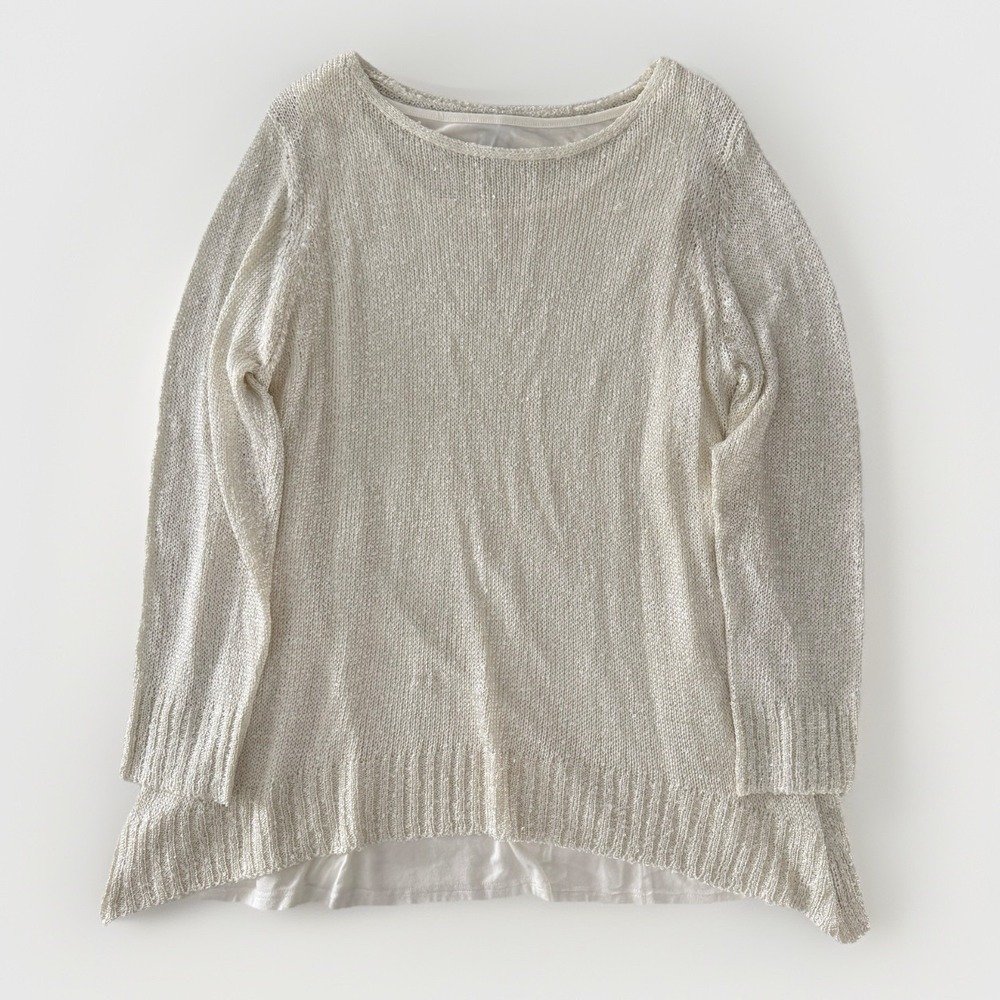 Chelsea & Theodore Layered Sequin Knit Sweater Sz 1X White Curved Elevated Basic - Picture 2 of 11